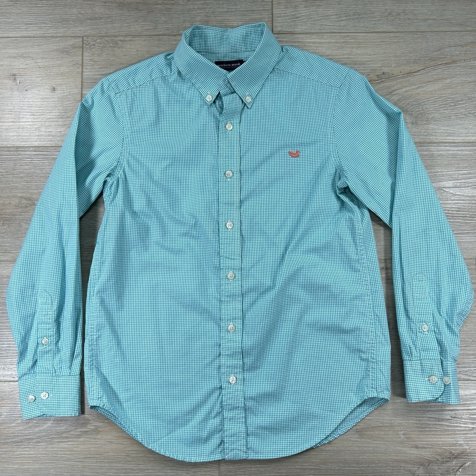 Southern Marsh Boys Button-Down Shirt Youth Size Large Green Teal Plaid